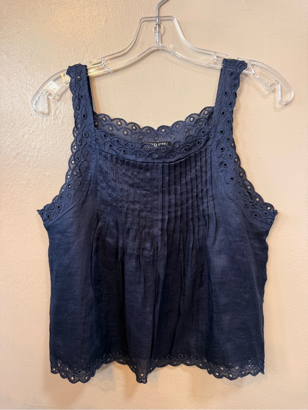 J.Crew Navy Blue Ramie Eyelet Pintuck Scallop Tank Top S
